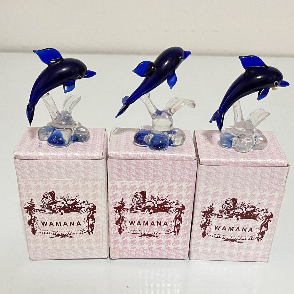 WAMANA MINI HAND-BLOWN GLASS Cobalt Blue DOLPHINS/Lot of 3/NEW w/ Open Box